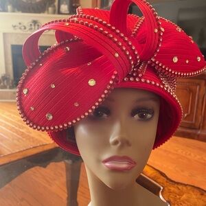Elegant Red Women's Hat with Pearl Accents